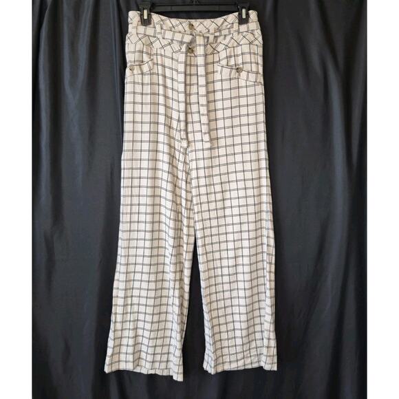 Anthropologie Womens Cream Black Linen Blend Windowpane Pants US 0 - Picture 5 of 9